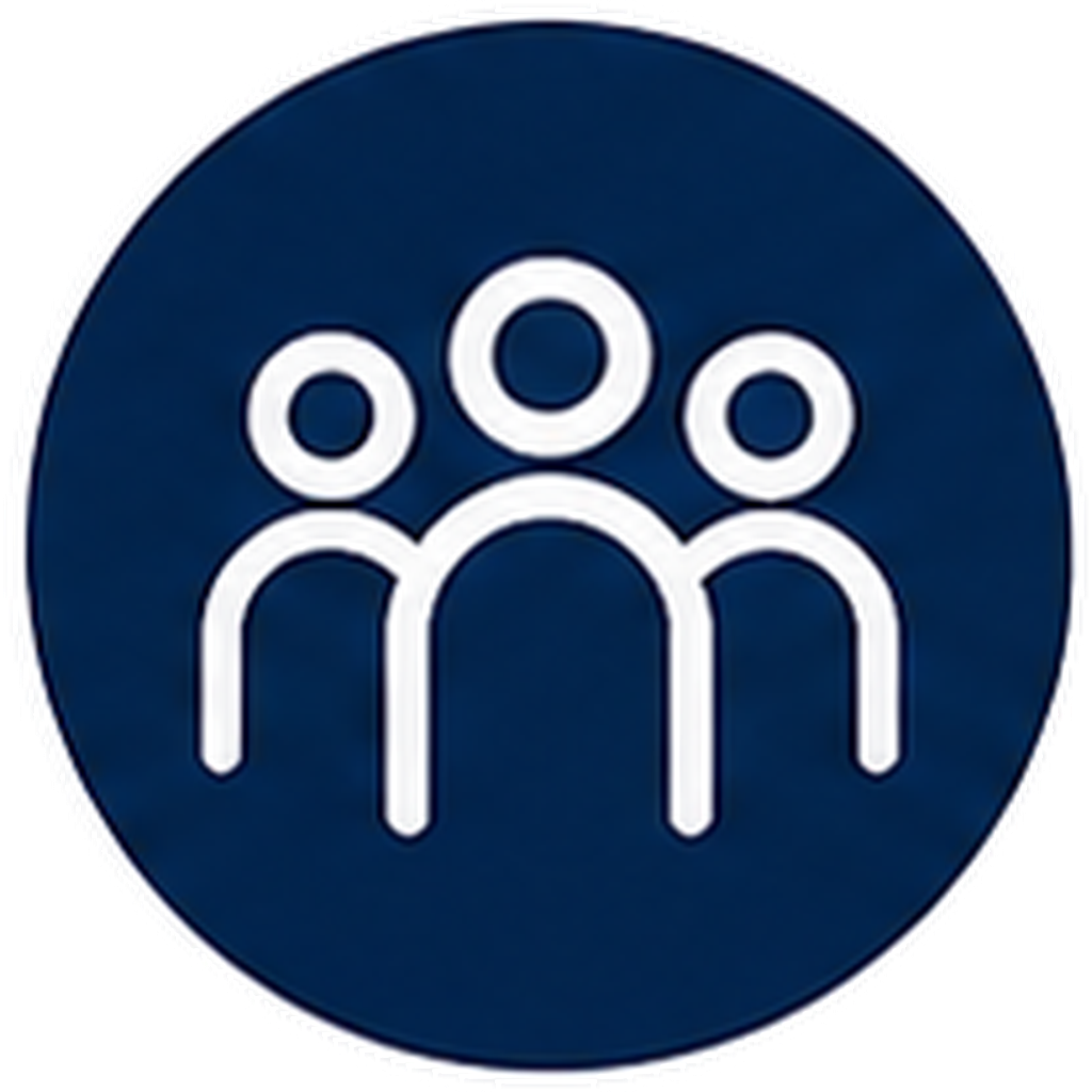 Icon with three stylized white human figures on a dark blue circular background.