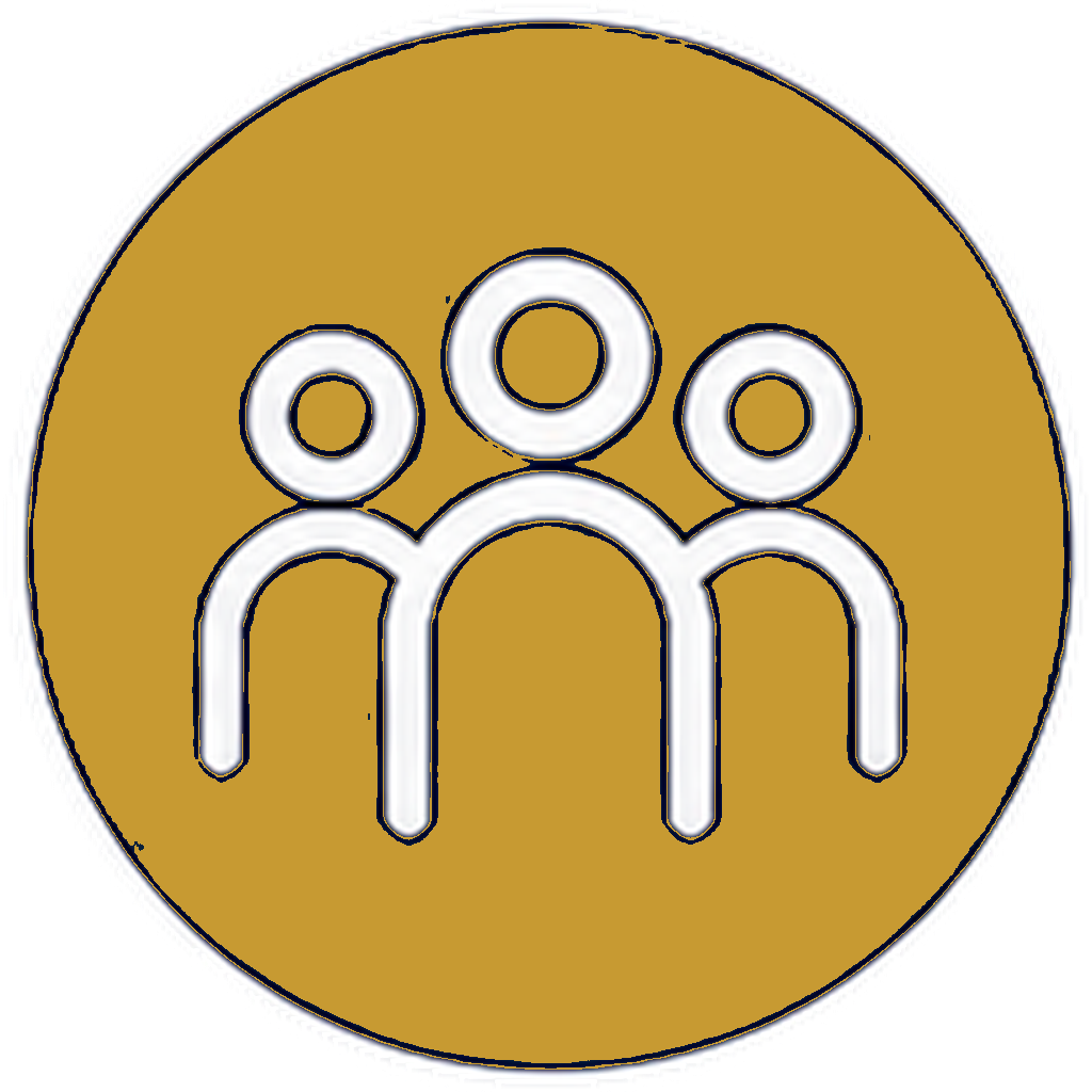 An icon with three stylized people inside a circular gold background.