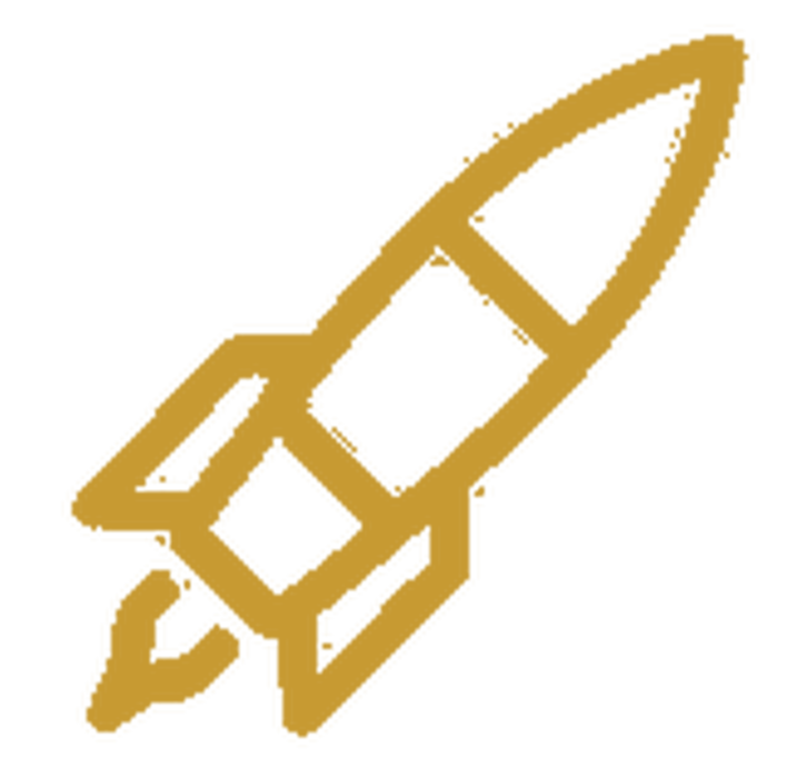 A gold-colored rocket icon with a black outline.