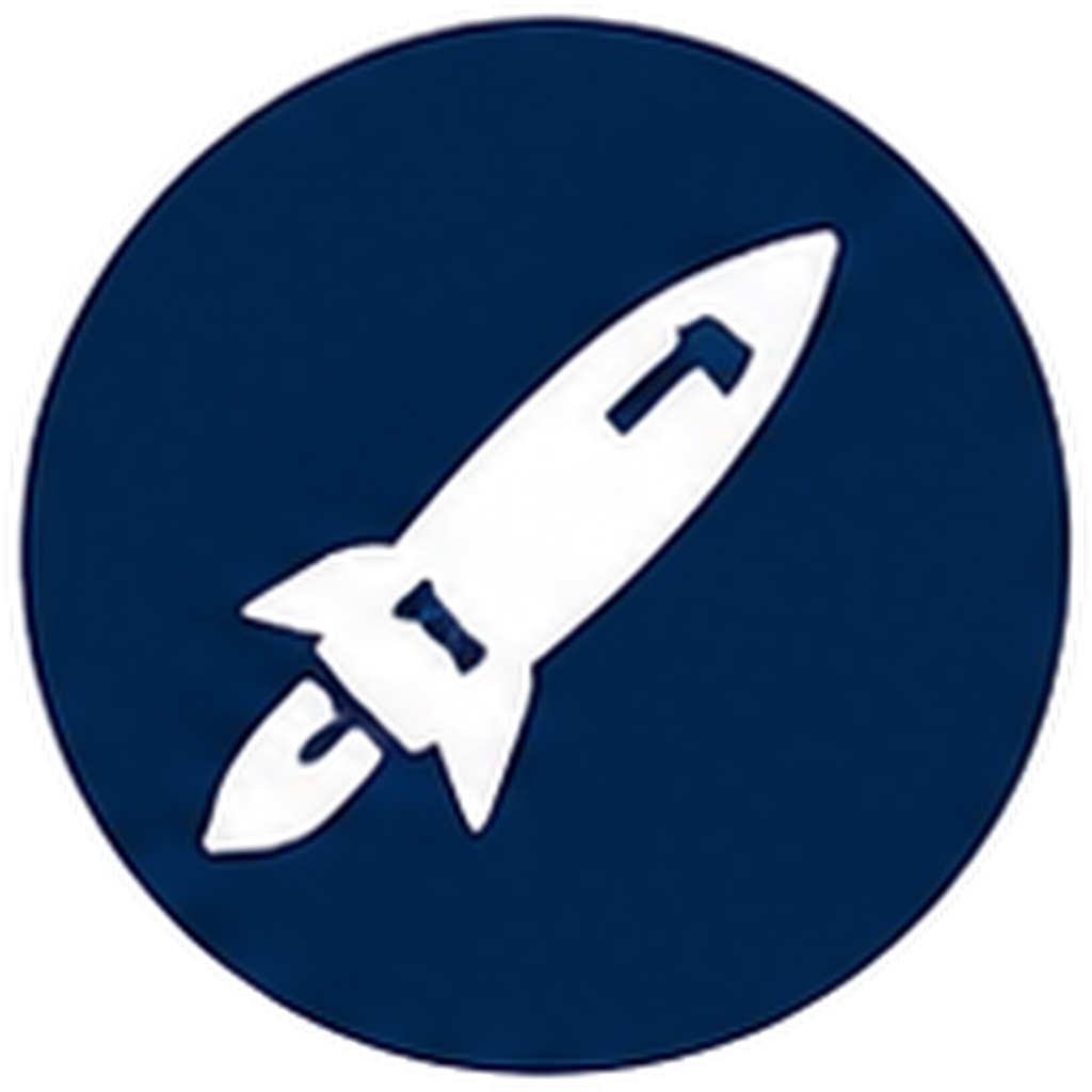 A circular icon with a white rocket ship symbol on a dark blue background.