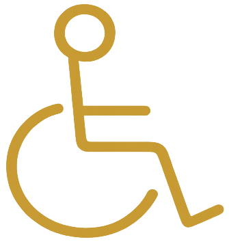 Gold wheelchair accessibility symbol on a clear background.