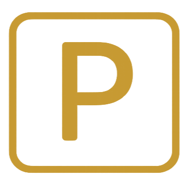 Parking sign with a gold letter P inside a gold square outline.
