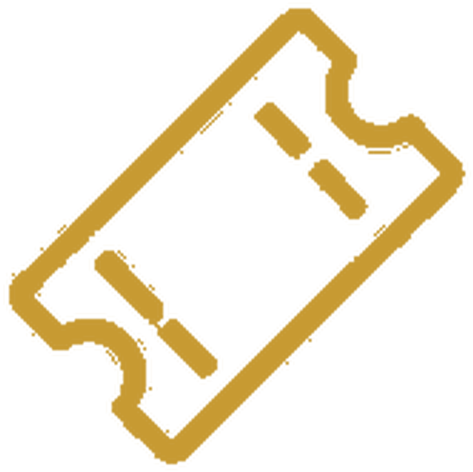 Gold ticket icon with perforated edges and barcode lines.