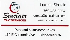 Business card for Sinclair Tax Services with contact info and location in Ridgecrest, CA.