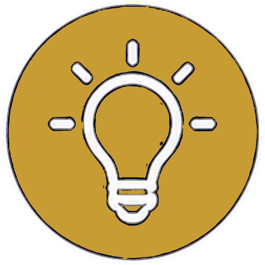 Icon of a lightbulb with rays around it, symbolizing an idea or innovation, on a gold circular background.