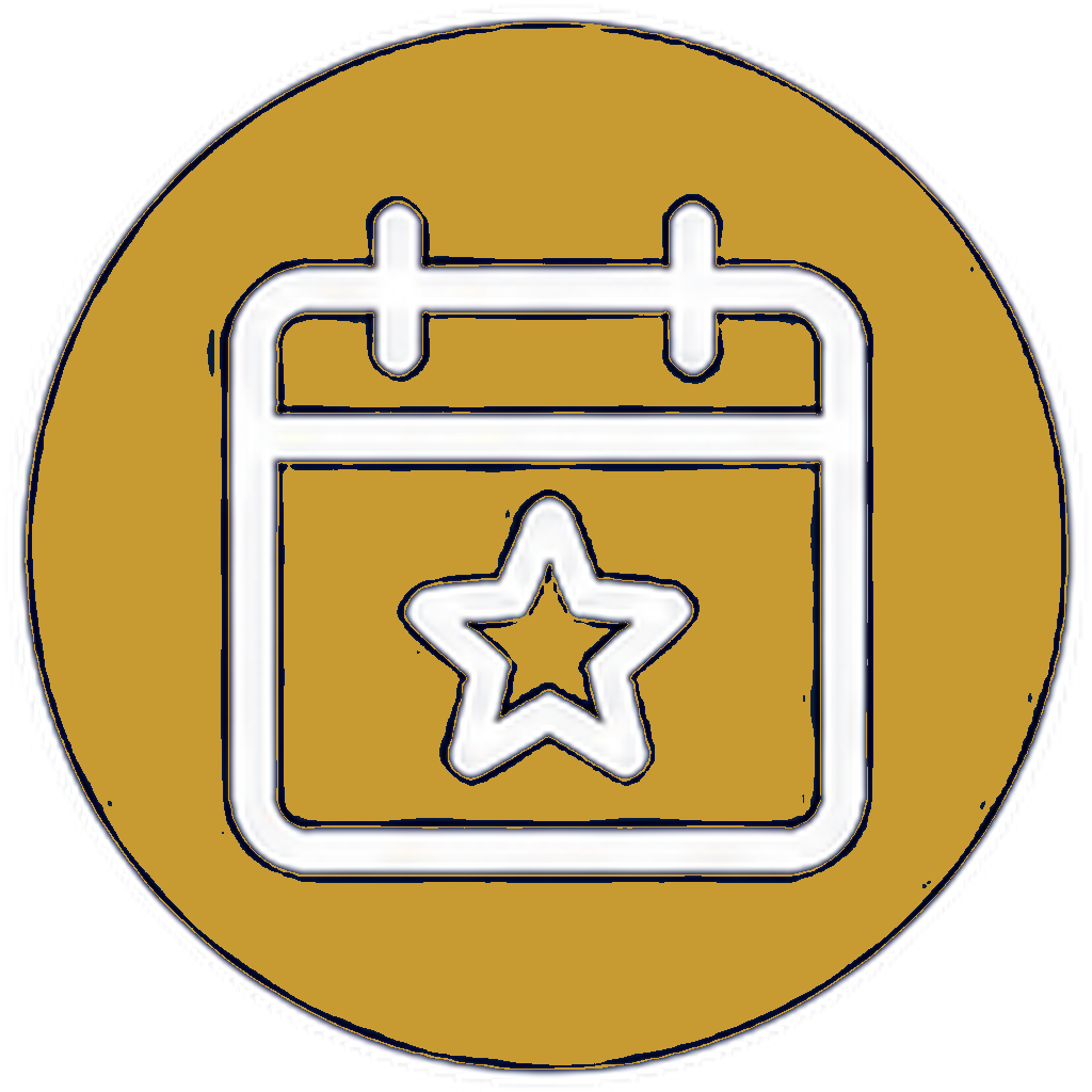 Neon sign of a calendar with a star in the center, set against a round yellow background.