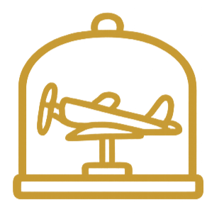 Illustration of an airplane inside a glass display case.