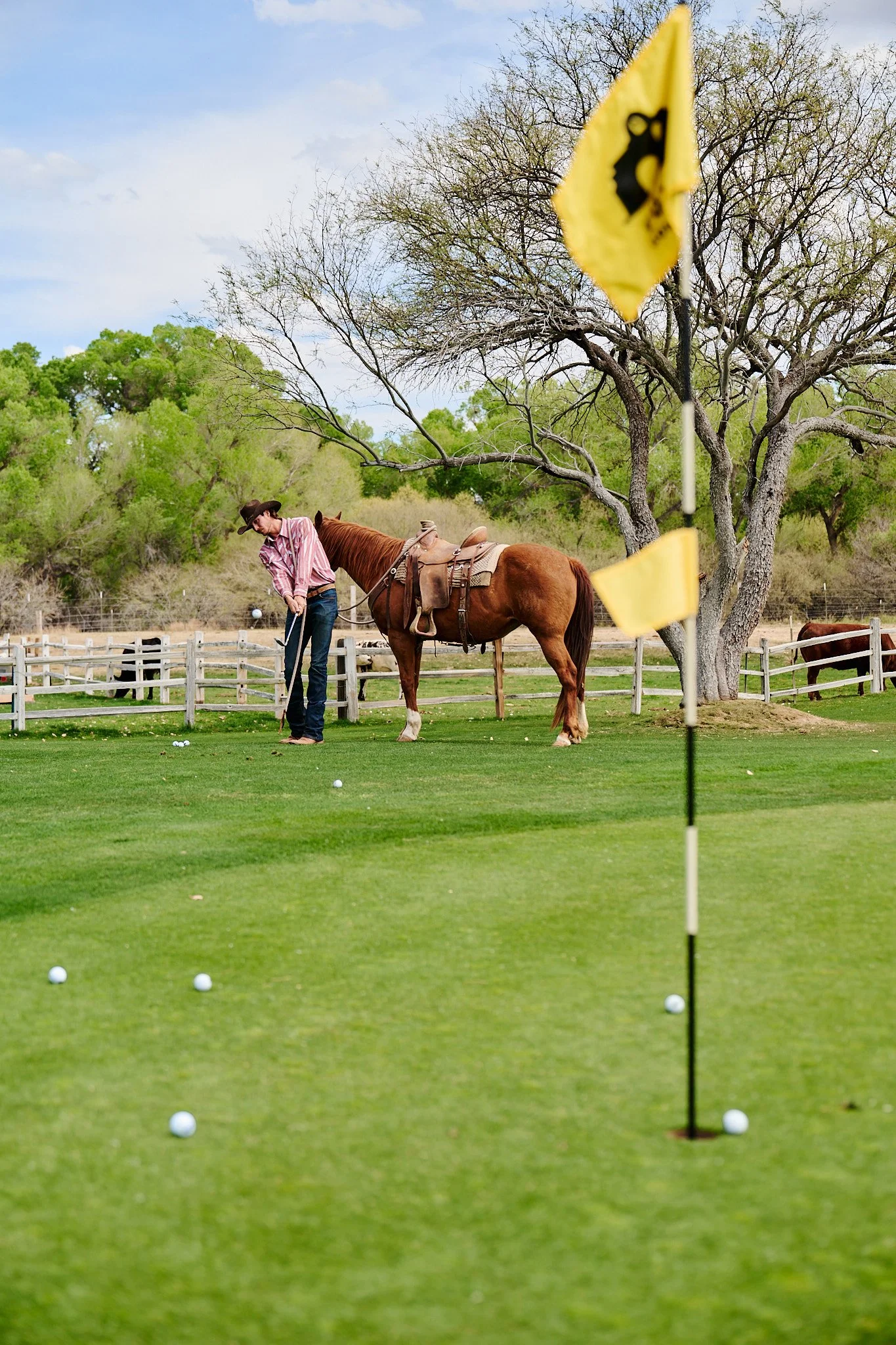 A dude ranch guest enjoys a golfing vacation in Southern Arizona. 