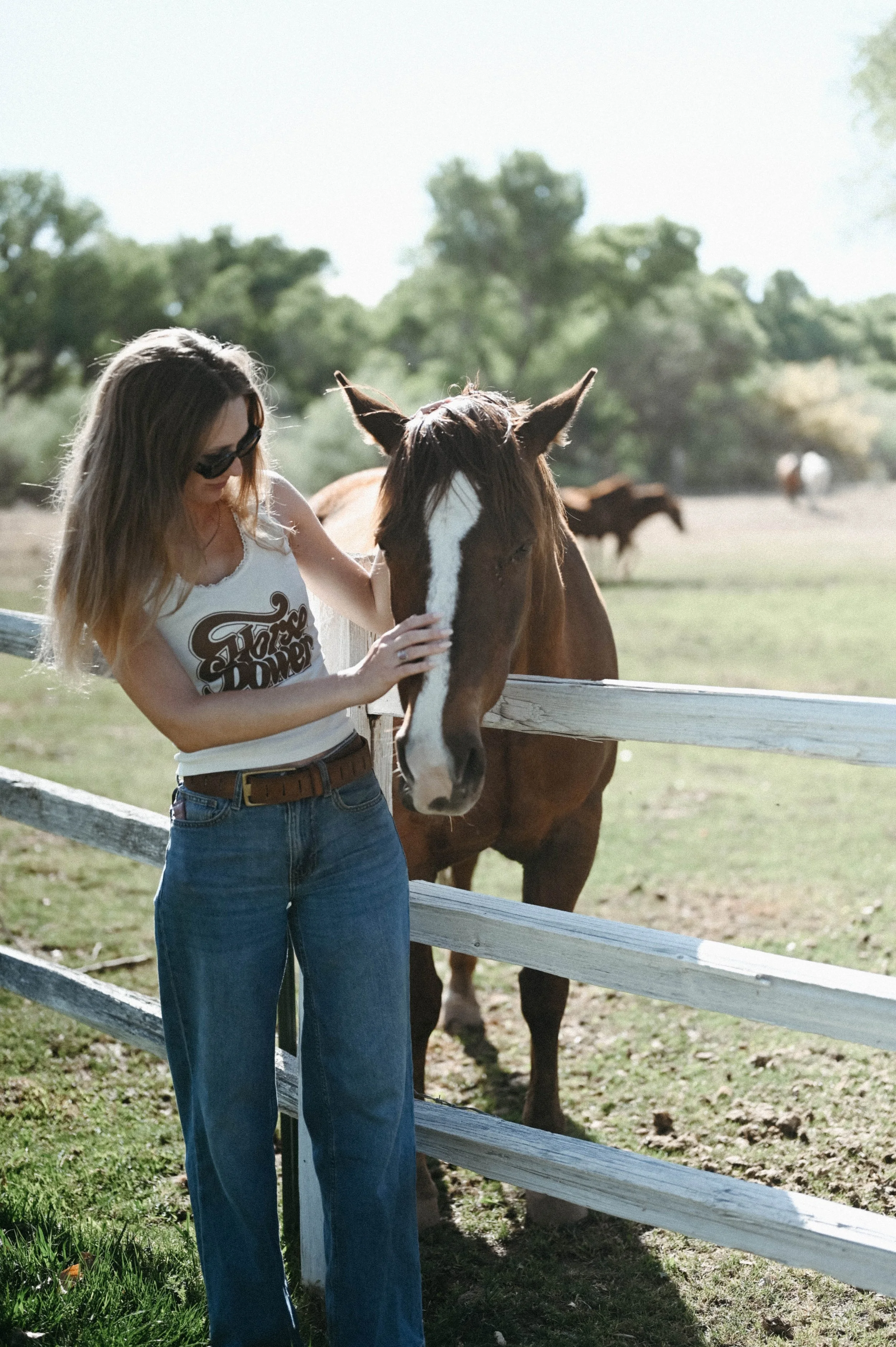 A dude ranch guest pets a horse at Otero Ranch in Tubac, Arizona. 