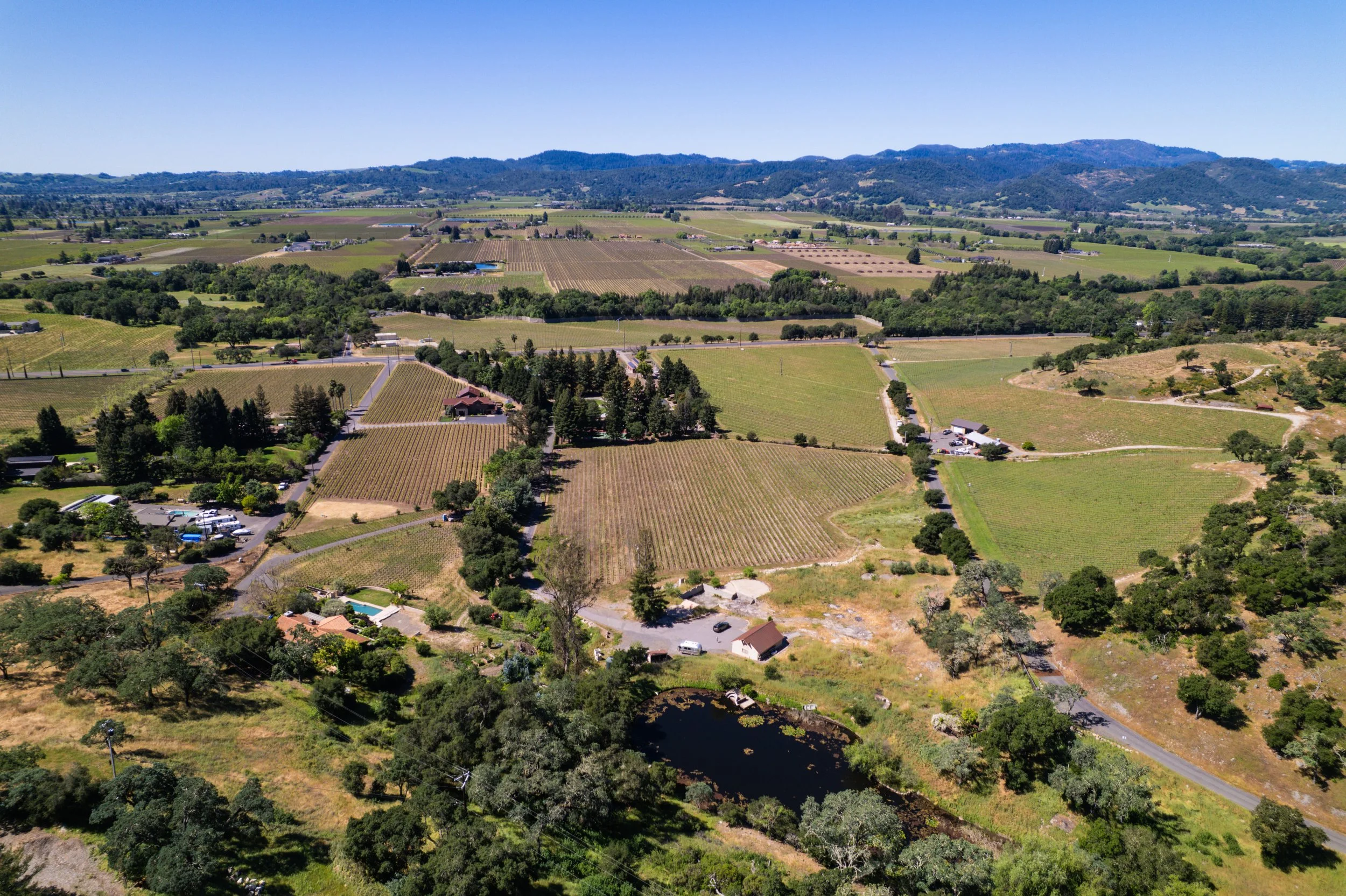 Aerial view of a rural landscape with farmland, trees, and a small body of water, with distant mountains on the horizon under a clear blue sky.