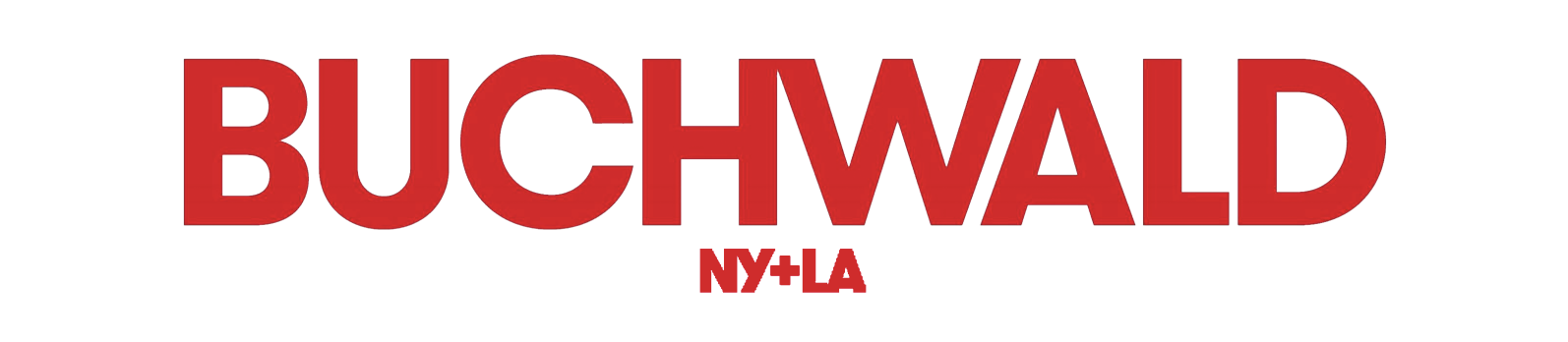 Red text reads "BUCHWALD" with smaller red text underneath "NY+LA" on a white background.