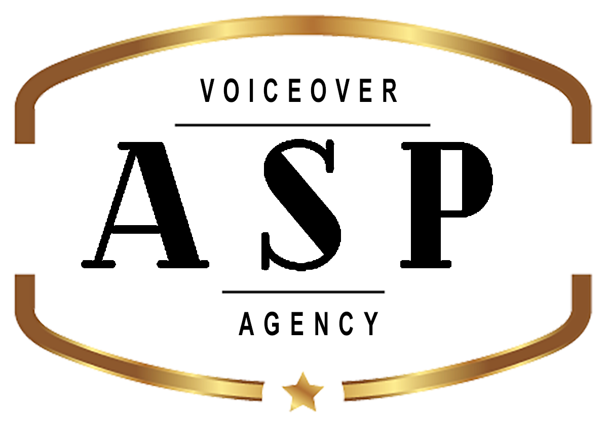 Logo for Voiceover ASP Agency featuring black text on a white background with gold and brown decorative elements.