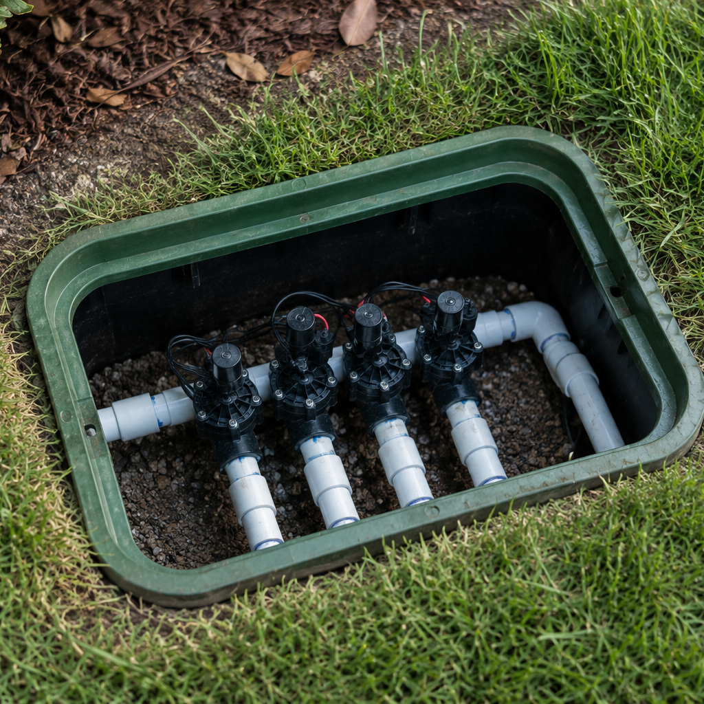 An underground irrigation system with four black control valves connected to white pipes, installed within a green landscape, surrounded by grass and soil.