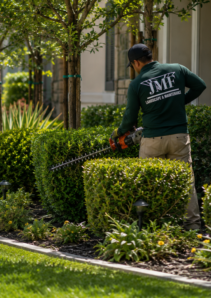 A landscaper trimming bushes in a well-maintained garden with grass, flowers, and small plants, near a house with a stone and siding exterior.
