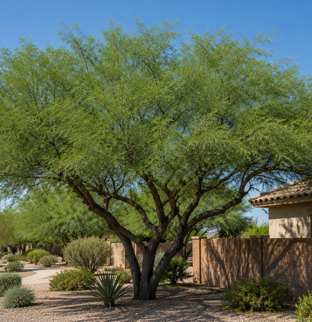 A large green tree with a thick trunk and spreading branches in a desert landscape with shrubs and a sidewalk, next to a house with a tiled roof and a brick privacy wall.
