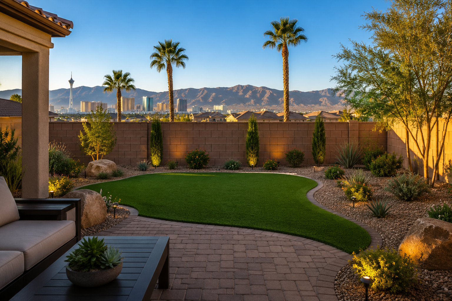 A backyard with a curved artificial grass lawn, surrounded by desert plants, rocks, and landscape lighting. A city skyline with tall buildings and mountains is visible in the background during sunset.