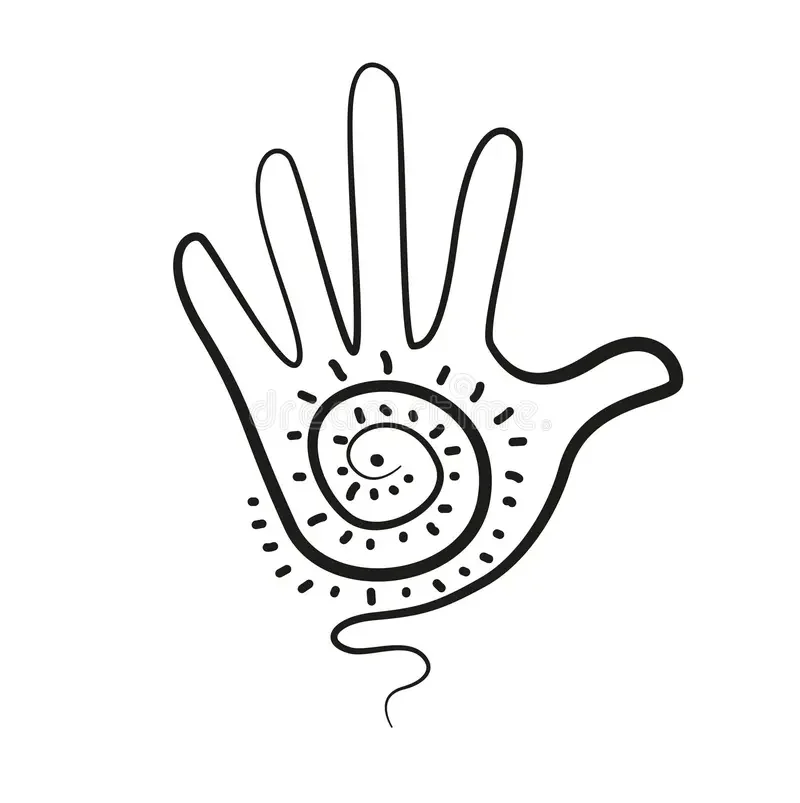 Stylized line drawing of a hand with a spiral pattern inside the palm, surrounded by radiating lines.