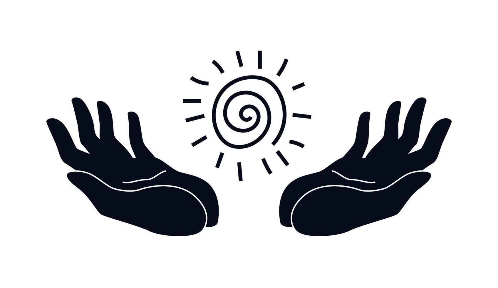Two dark-colored hands cupping a spiral sun symbol with radiating lines.