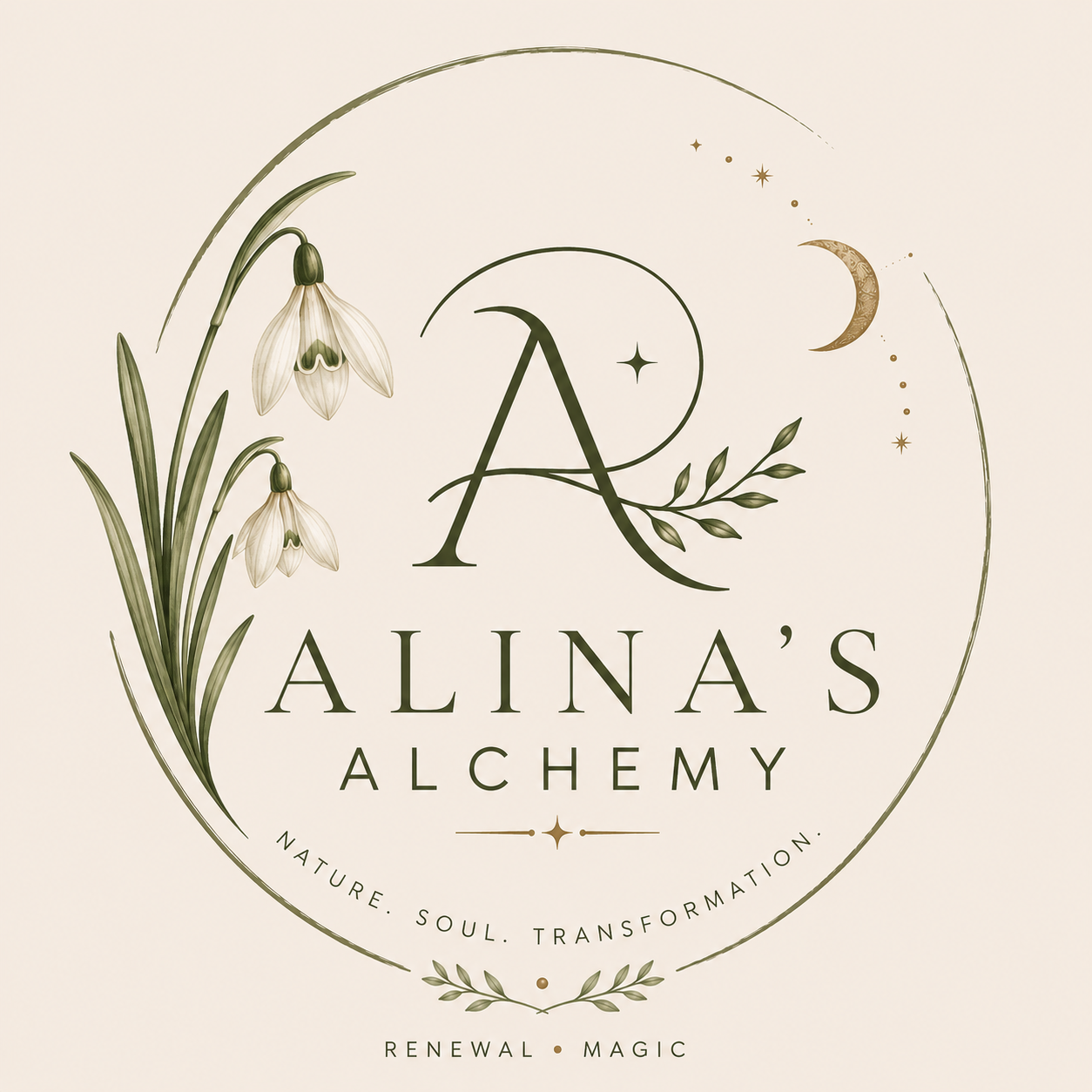 Design for Alina's Alchemy featuring a large letter 'A' accented with leaves, surrounded by snowdrop flowers, a crescent moon, stars, and the words 'Nature, Soul, Transformation, Renewal, Magic'.