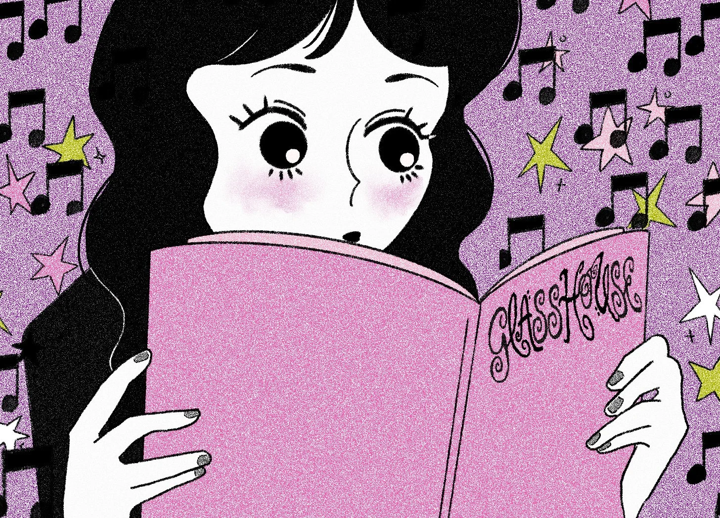A cartoon girl with long black hair, large eyes, and a pink face mask, is reading Glasshouse Magazine while listening to music through earphones.