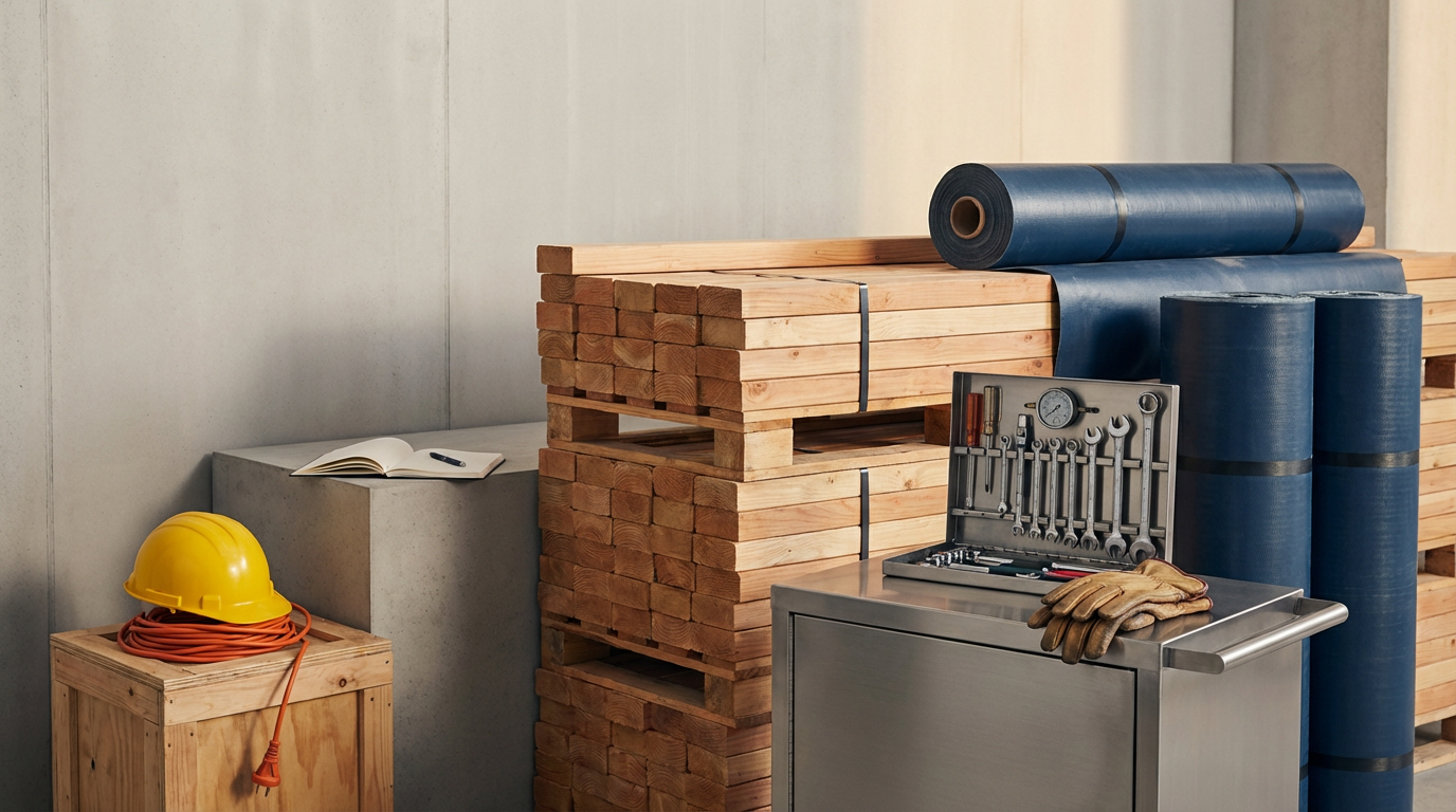 Stack of wooden planks and blue insulation rolls stored in a construction area with a work tool kit, gloves, yellow safety helmet, extension cord, and a notebook on a concrete block.