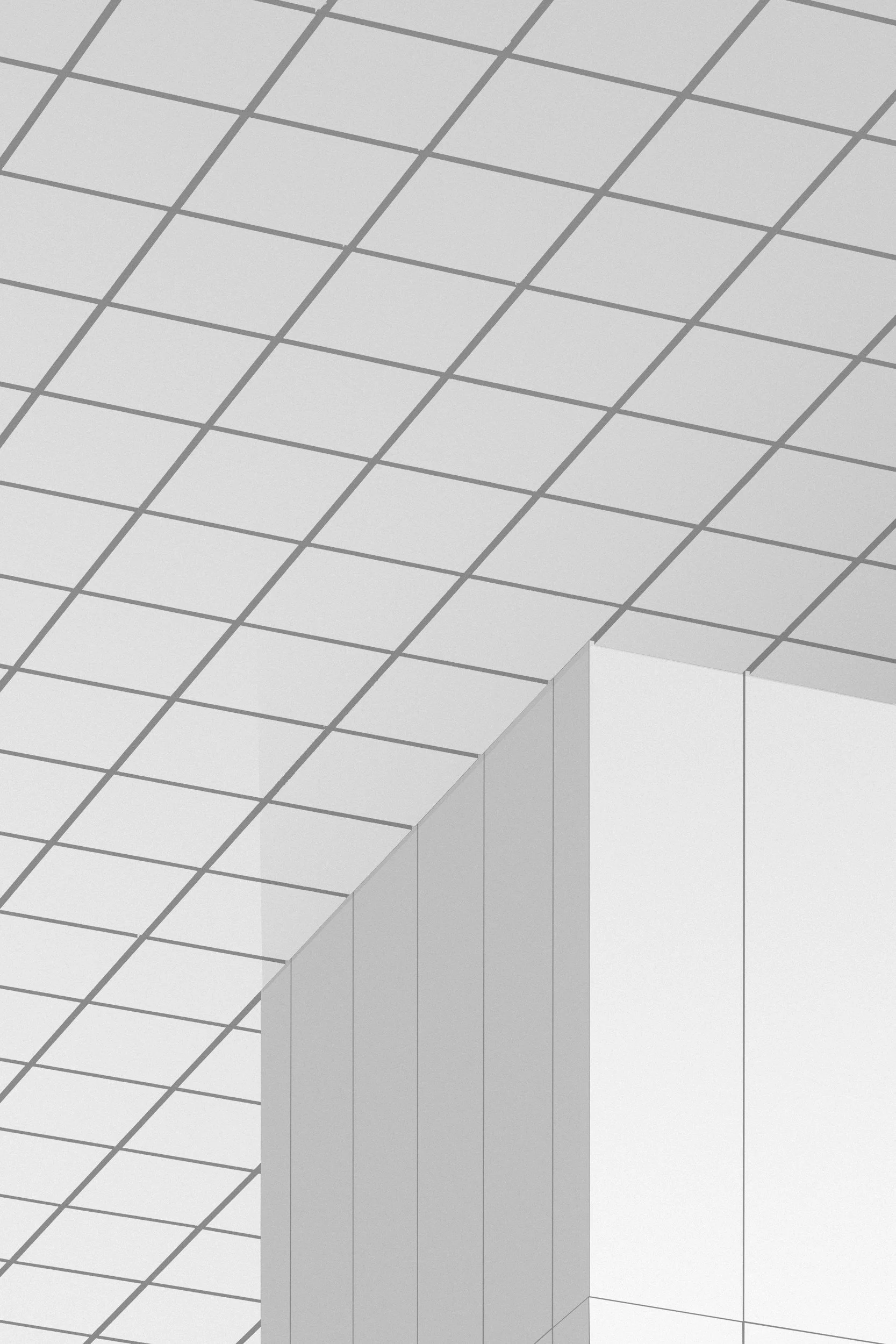 A computer-generated 3D isometric view of a grid-based architectural model with elevated floors, white walls, and grid-patterned flooring.