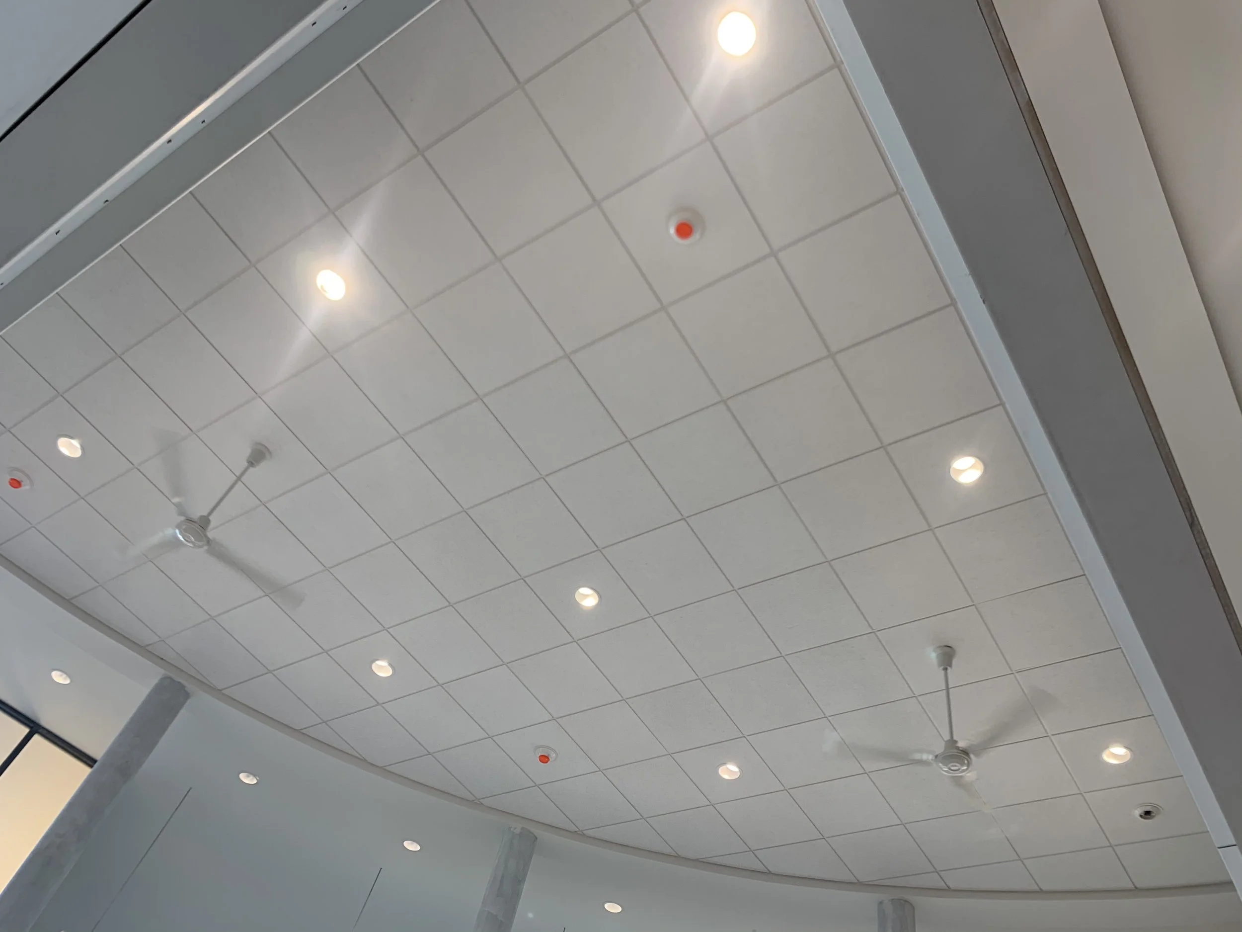 Ceiling of a modern interior space with square white tiles, recessed lighting, and ceiling fans.