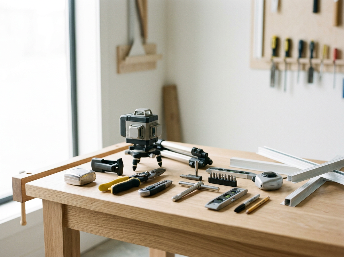Woodwork tools on a workbench, including a level, drill bits, a tape measure, and a clamp, in a well-lit woodworking shop.