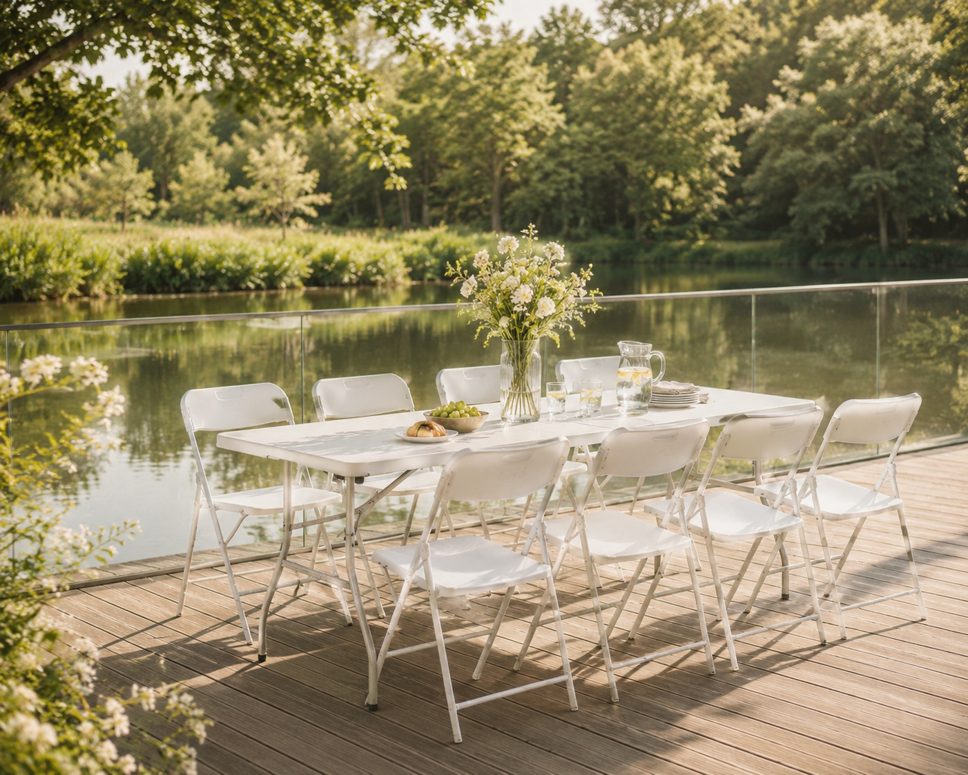 Outdoor dining table set on a wooden deck overlooking a lake with lush green trees in the background. The table has a large floral centerpiece, glassware, a pitcher of water with lemon slices, plates, and some food. White folding chairs surround the table.