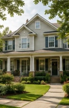 A large, light-colored two-story house with a front porch and multiple windows. The house is surrounded by greenery including trees, bushes, and a neatly maintained lawn, with a sidewalk leading to the front steps.