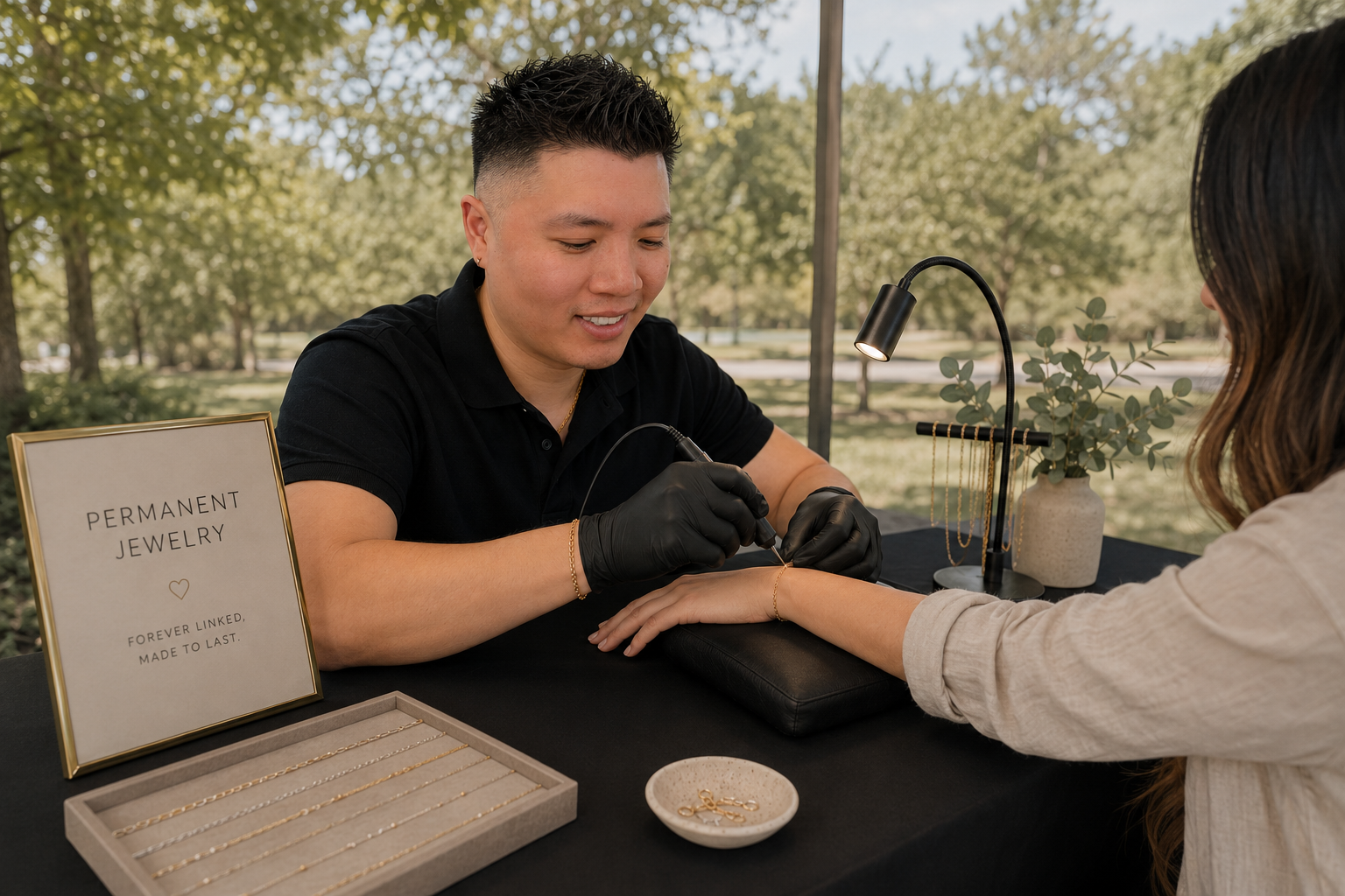 A man in black gloves engraves a bracelet on a woman's wrist at an outdoor jewelry booth with a "Permanent Jewelry" sign.