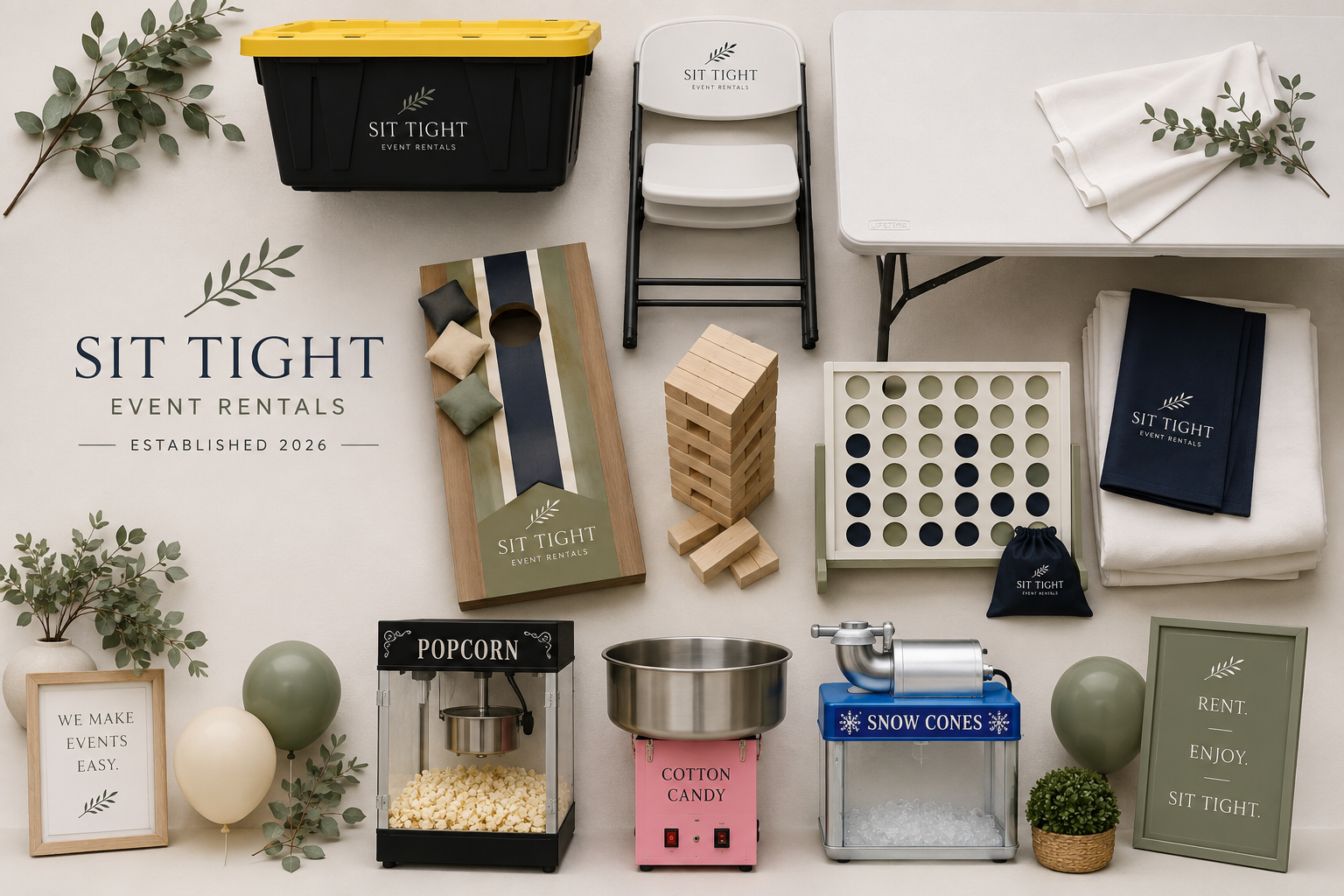A collection of event rental supplies including chairs, tables, game pieces, snacks, decorations, and signage for a party or event.