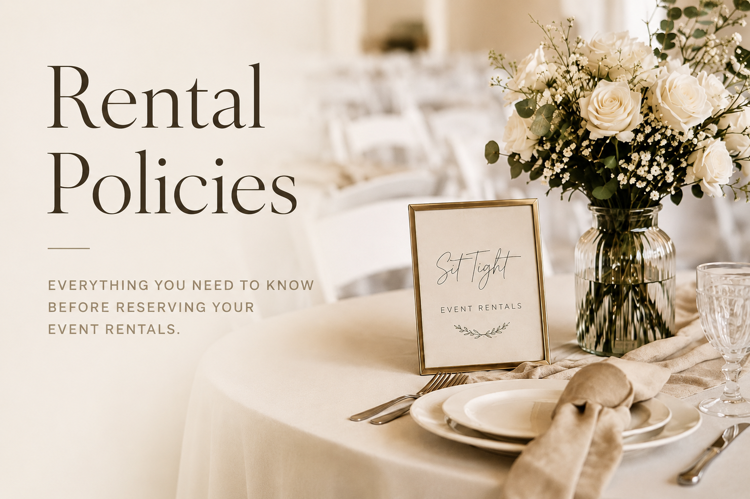 Wedding reception table with a flower arrangement, framed sign reading "Sit Tight," and settable plates and utensils.