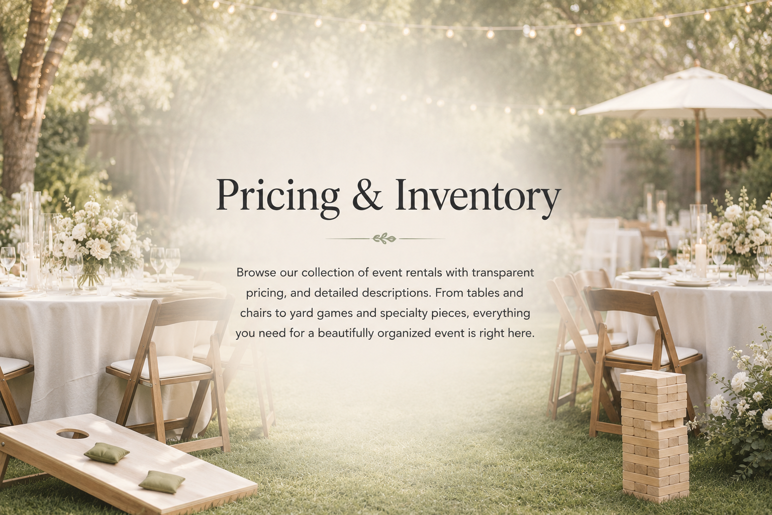 Outdoor event setup with tables, chairs, white floral centerpieces, and string lights, with a grassy area and trees in the background.