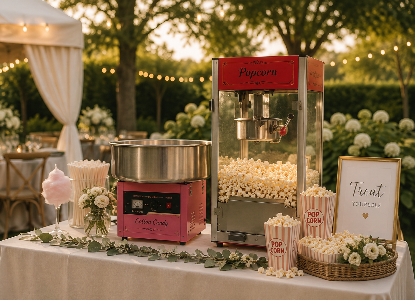 Popcorn machine and cotton candy machine set up at an outdoor event. Popcorn in striped containers, cotton candy on a stick, flowers, and a framed sign that says 'Treat Yourself' are on the table. In the background, there are trees, white floral arrangements, and string lights.