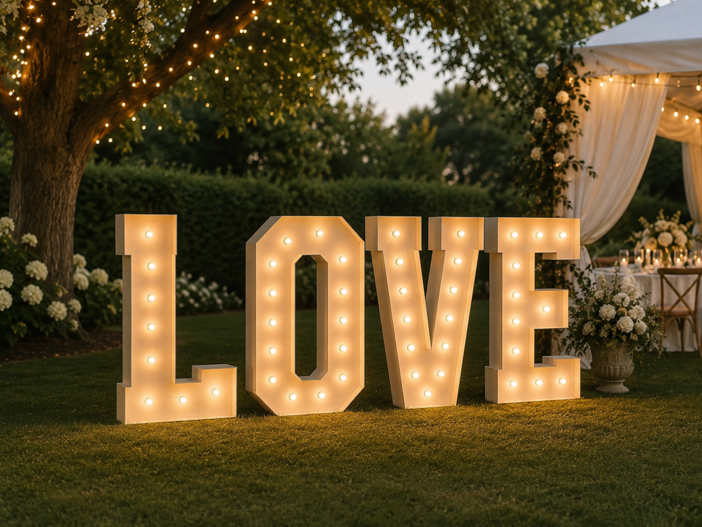 Decorative illuminated letters spelling 'LOVE' outdoors at dusk, with trees, flowers, and a white tent with string lights in the background for a celebration or event.