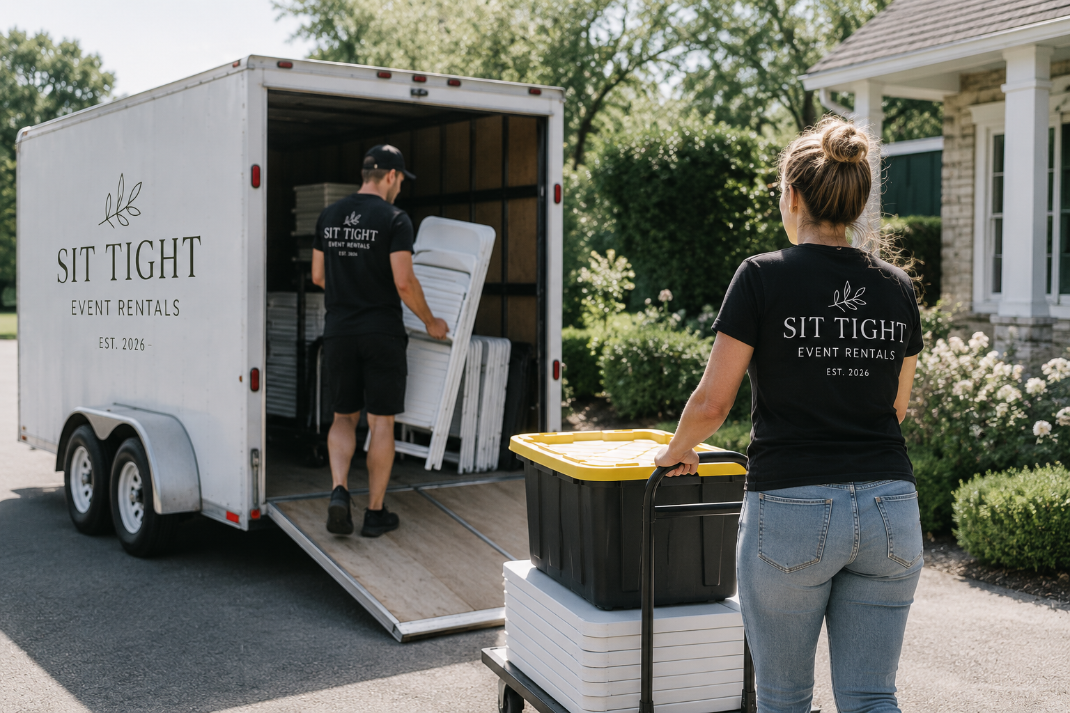 Two people loading chairs into a white trailer with the logo 'Sit Tight Event Rentals' outside a house with white porch columns and lush greenery.