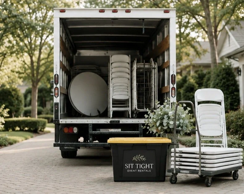 Open moving truck filled with white chairs, a round table, and a metal cart. Outside on a brick driveway with trees and houses in the background.