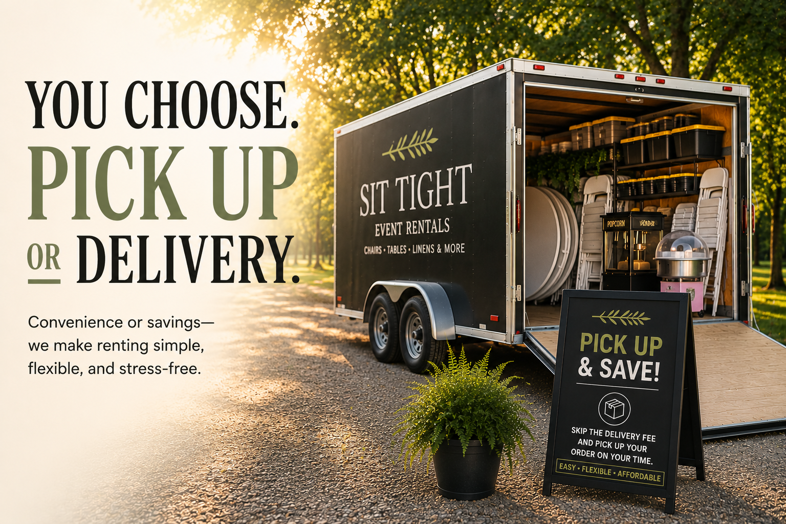 A mobile rental trailer parked outdoors in a park at sunset, with chairs, tables, and linens inside. A sign on the trailer reads 'Sit Tight Event Rentals.' An A-frame sign in front promotes pickup and savings, emphasizing convenience, flexibility, and affordability.