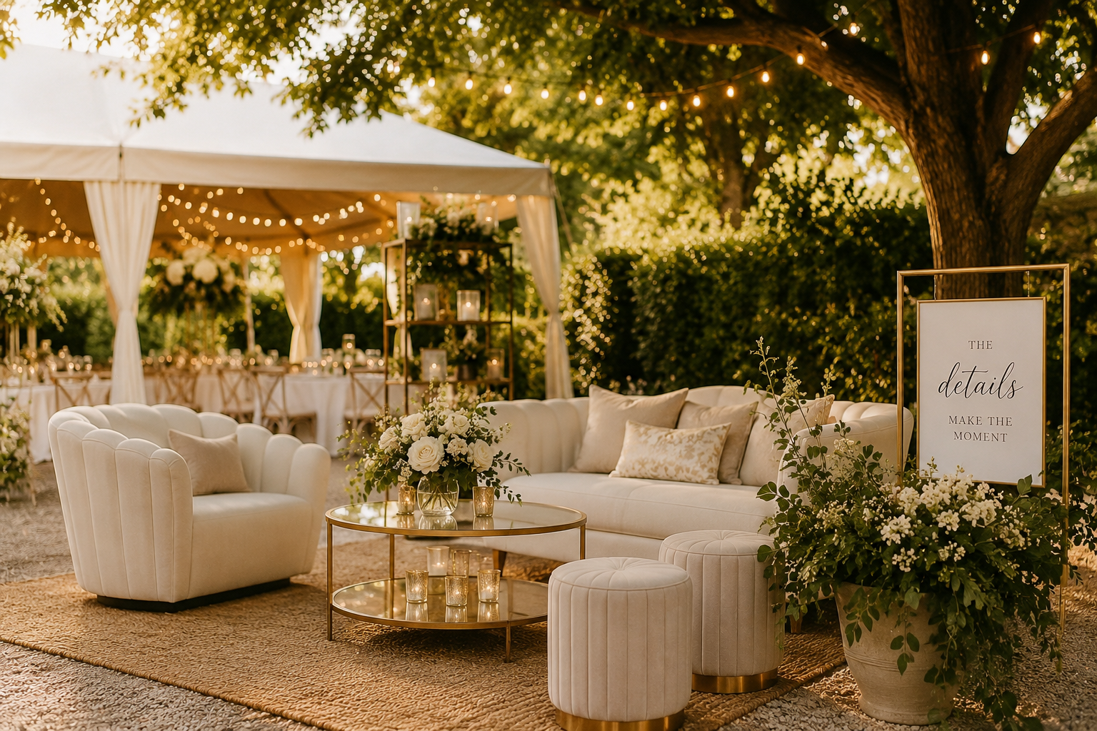 Elegant outdoor wedding or event setup with white sofas, a round coffee table with candles, floral arrangements, a sign reading 'The details make the moment,' and a decorated canopy under a large tree, illuminated with string lights at sunset.