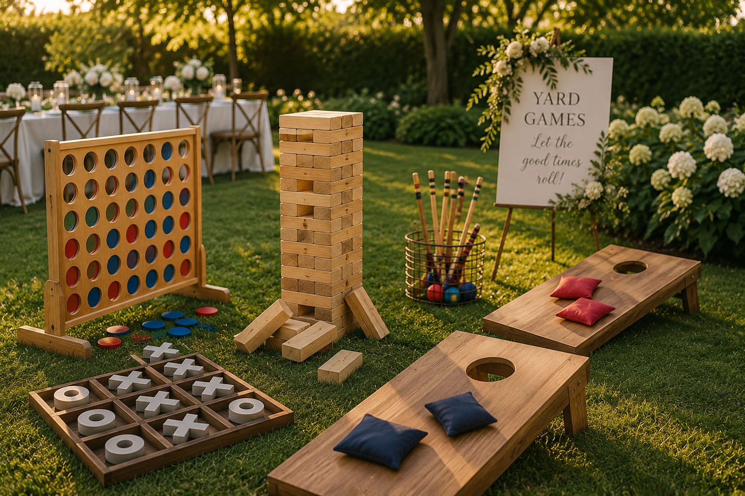 Outdoor backyard setting with lawn games including giant Jenga, connect four, cornhole, and tic-tac-toe, with tables decorated for a gathering or party.