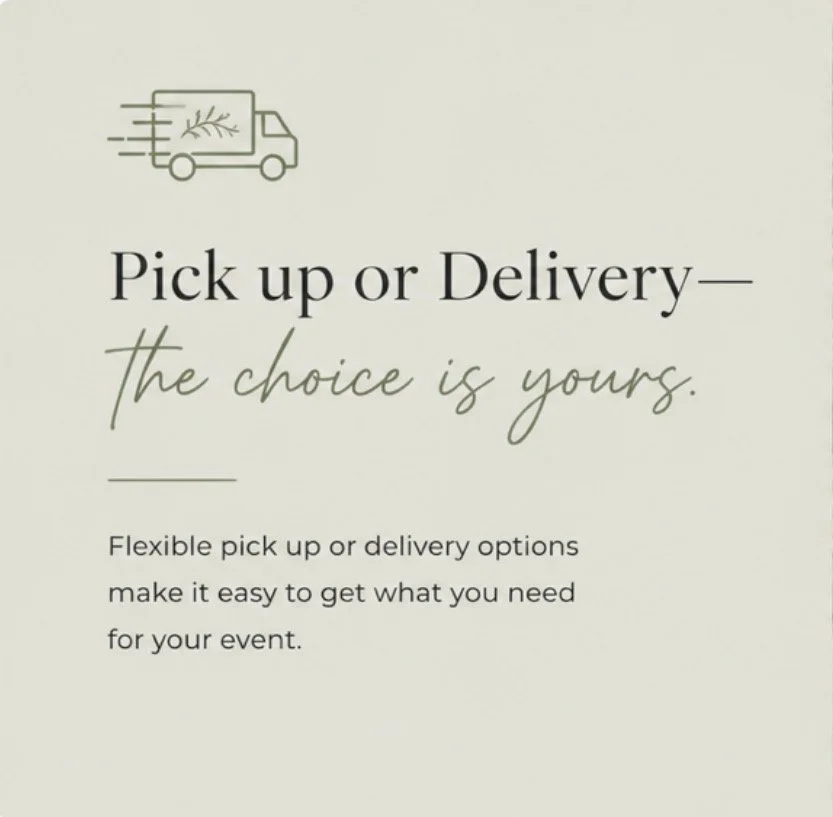 A flyer with a delivery truck icon and text promoting flexible pick-up or delivery options for events.