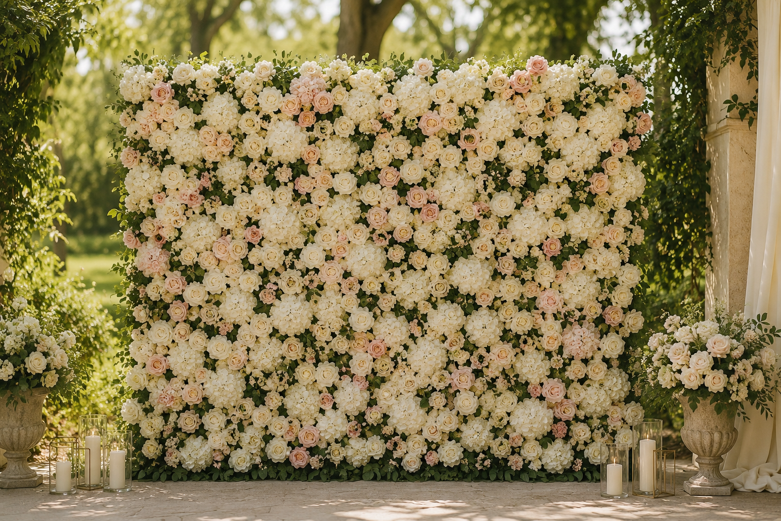 Large floral wedding backdrop with white and pale pink roses and hydrangeas, flanked by urns with flowers and candles