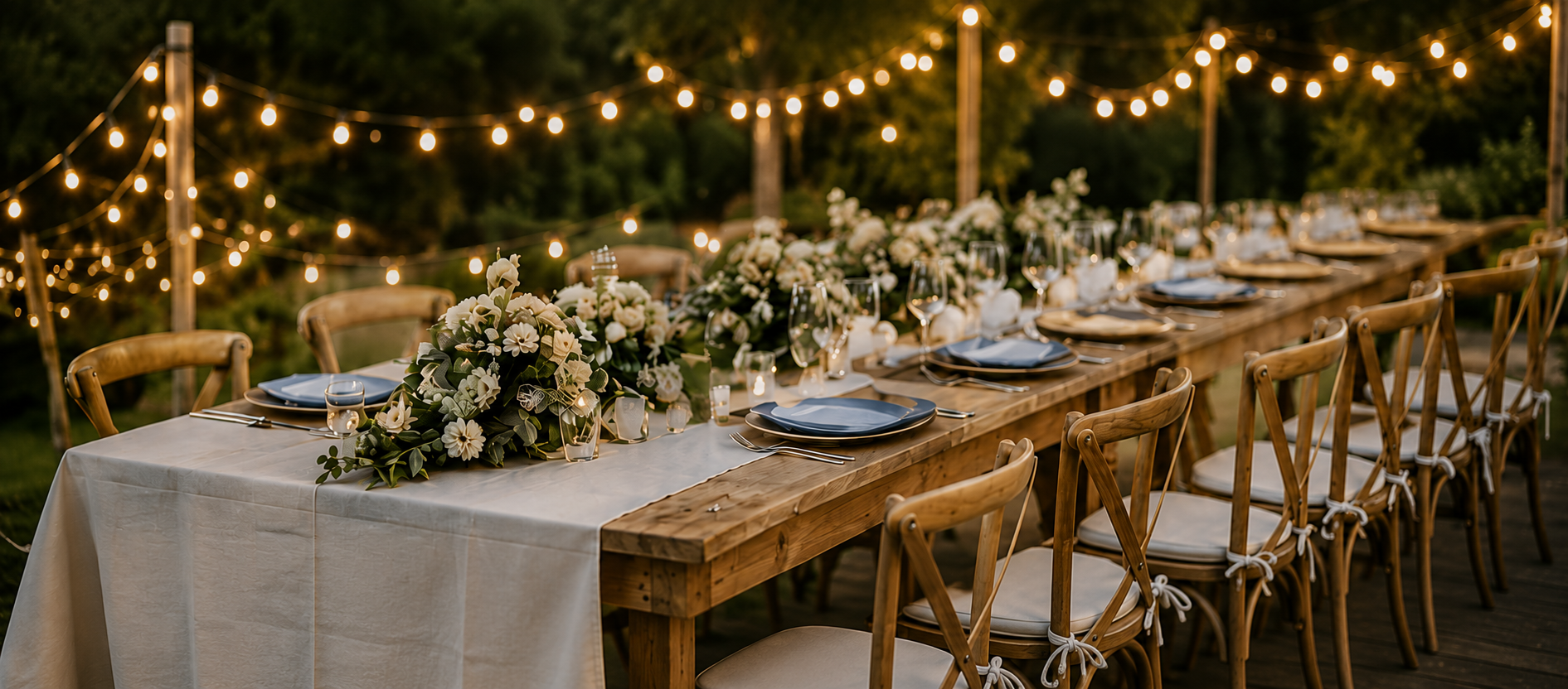 Long outdoor wooden dining table decorated with white floral centerpiece, set with blue plates, glasses, and silverware, under hanging string lights at dusk.