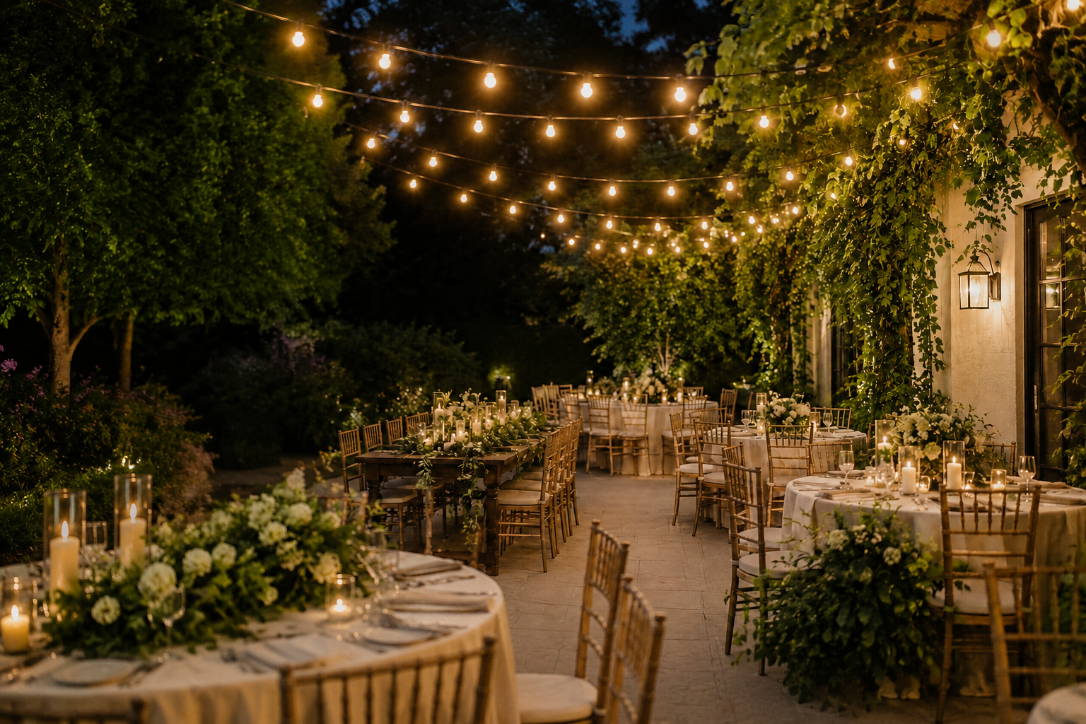 Outdoor evening event setup with round and rectangular tables decorated with white flowers, candles, and glassware, illuminated by hanging string lights and wall-mounted lanterns, surrounded by lush greenery and trees.