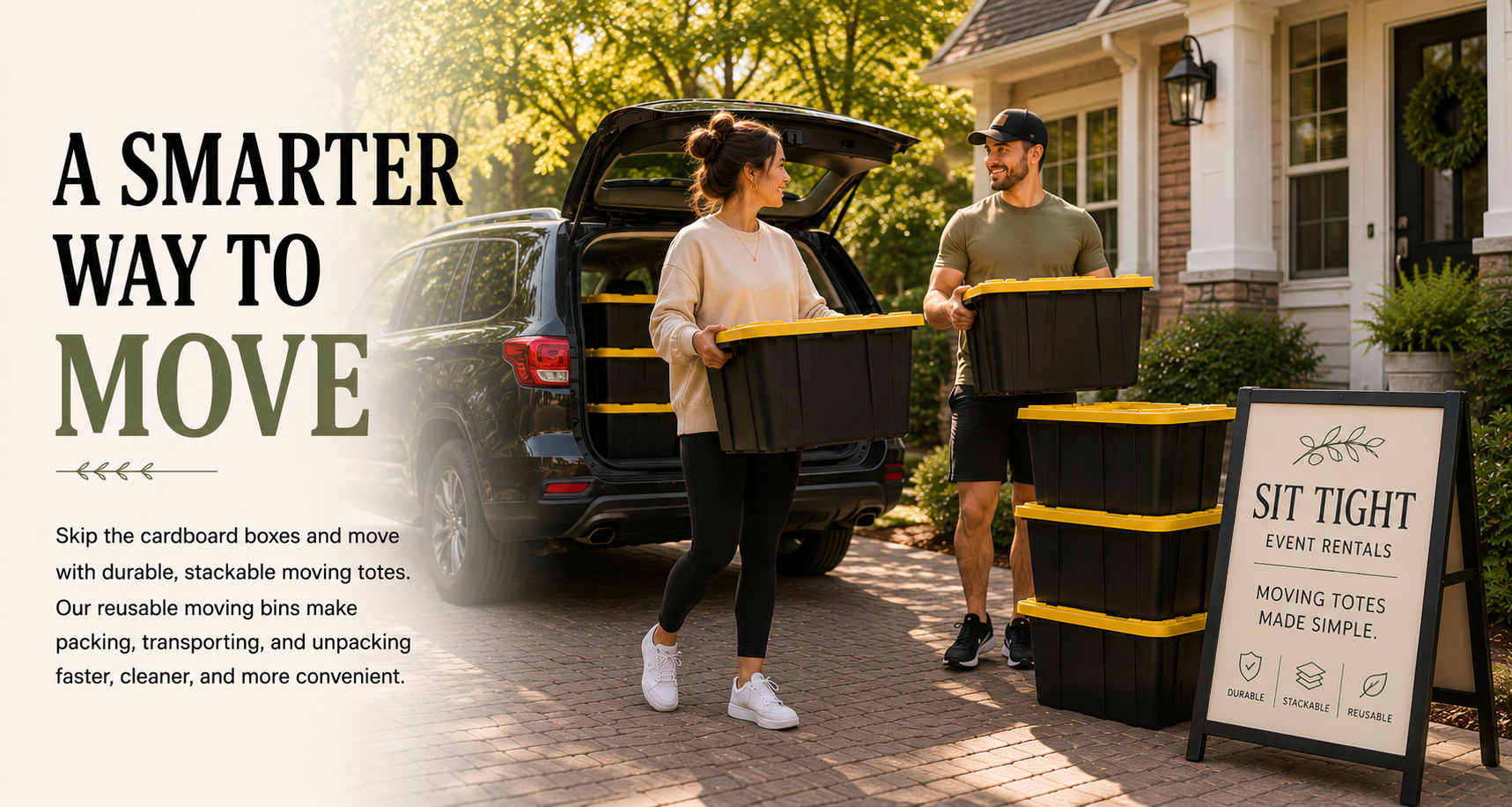 Two people loading black and yellow stackable moving totes into the back of a black SUV parked in a driveway in front of a house. The scene is sunny with trees and shrubs around. A sign reads "Sit Tight Event Rentals, Moving Totes Made Simple" and highlights features like durable, stackable, and reusable.