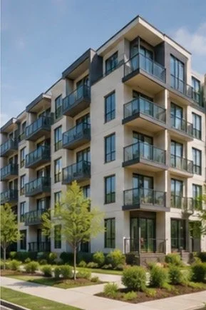 Modern multi-story apartment building with balconies and large windows, surrounded by landscaped greenery and trees.