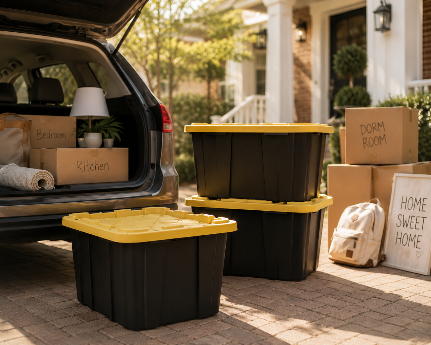Moving boxes labeled 'Bedroom,' 'Kitchen,' 'Dorm Room,' and 'Home Sweet Home' are near the open trunk of a car, which contains additional boxes, a lampshade, a plant, and a rolled-up rug. There are more boxes and a white backpack on the sidewalk in front of a house with white railing and brick exterior.