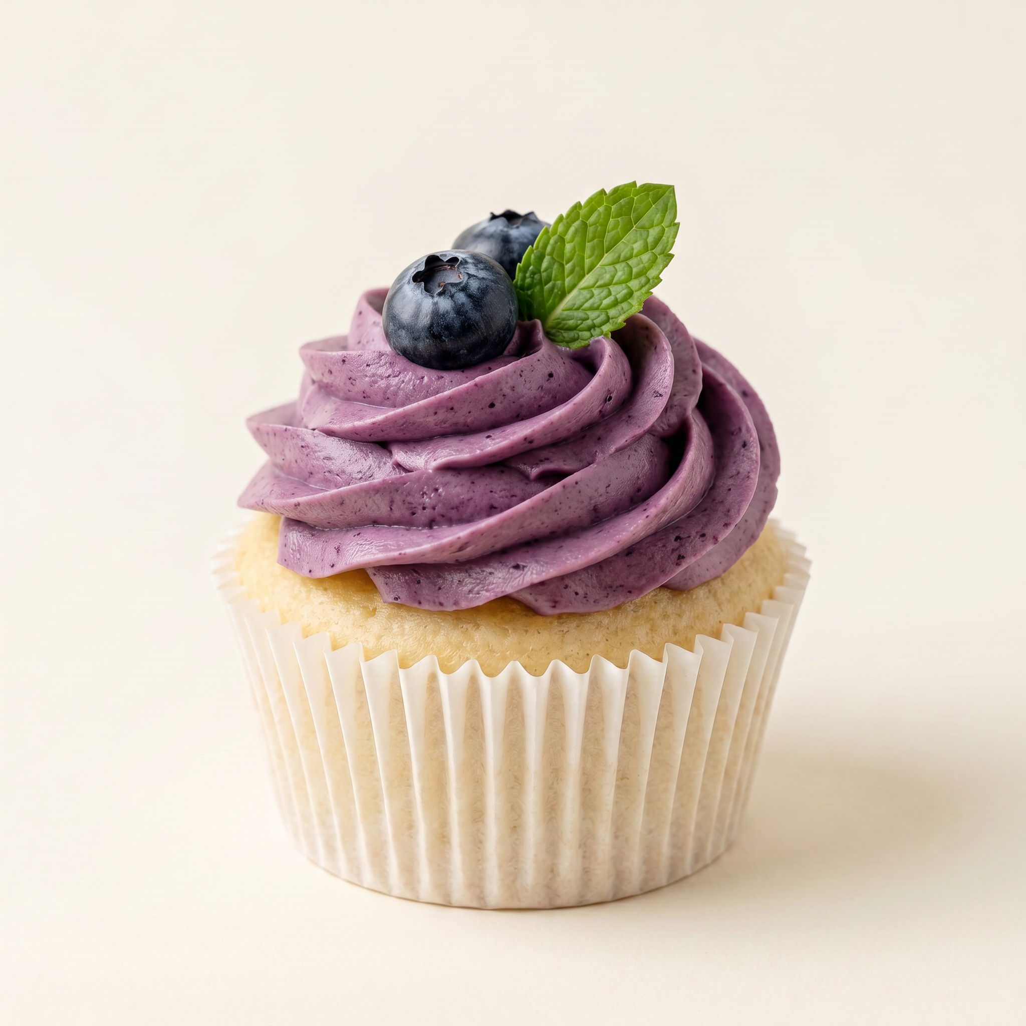 A cupcake with purple frosting topped with two blueberries and a fresh mint leaf, in a white cupcake liner against a plain light background.