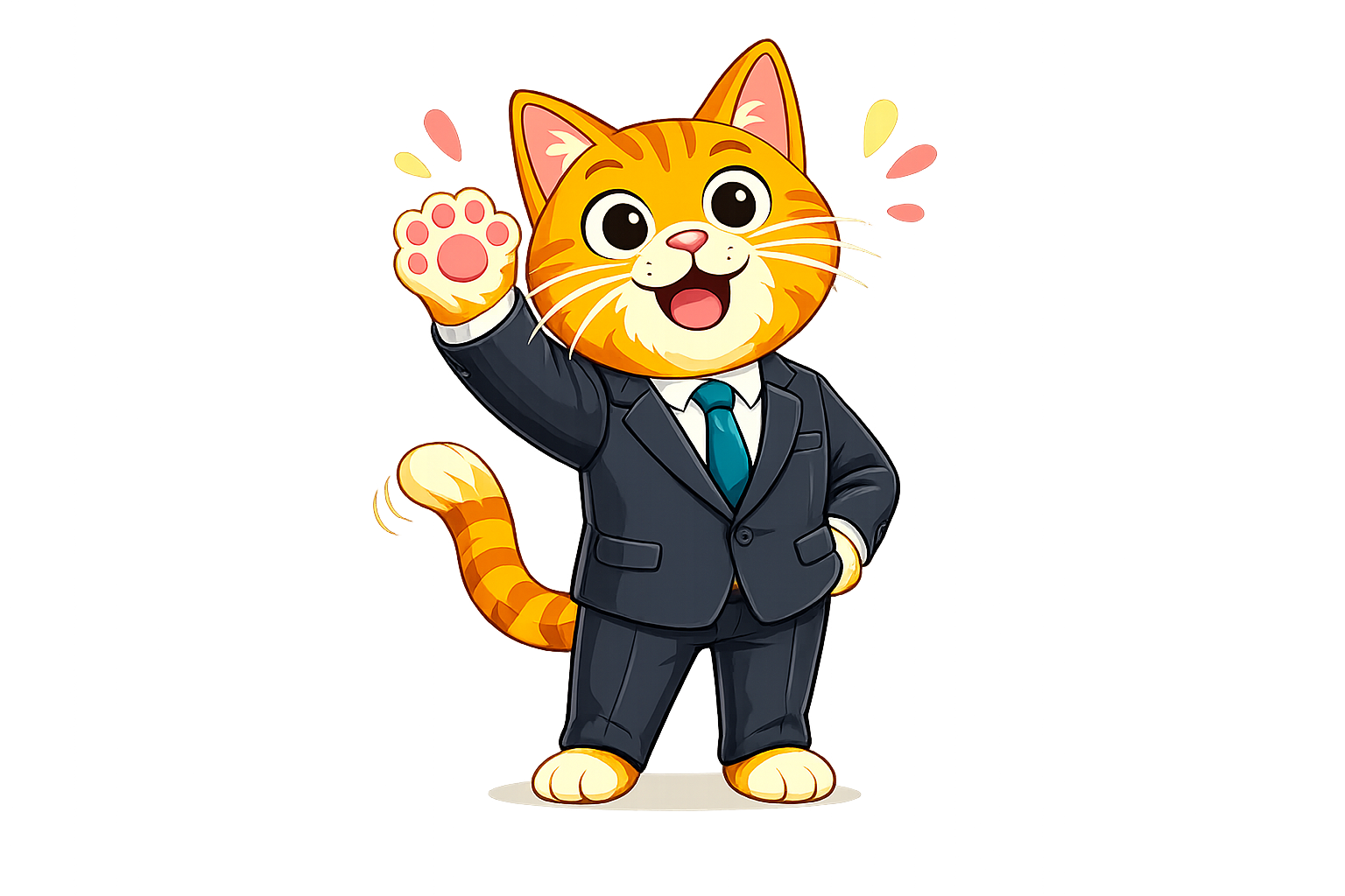A cartoon orange tabby cat wearing a business suit, waving with one paw, standing on a small patch of ground.